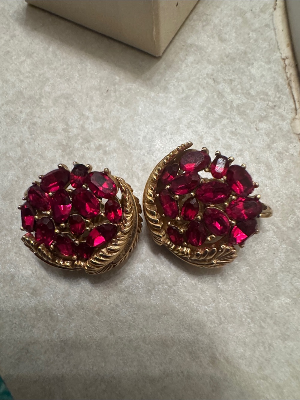 Trifari Gold-Tone Clip Earrings with Ruby Red Stones